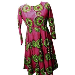 Handmade African Ankara Wax Print‎ Fit & Flare Cultural Dress Pink Green Cotton